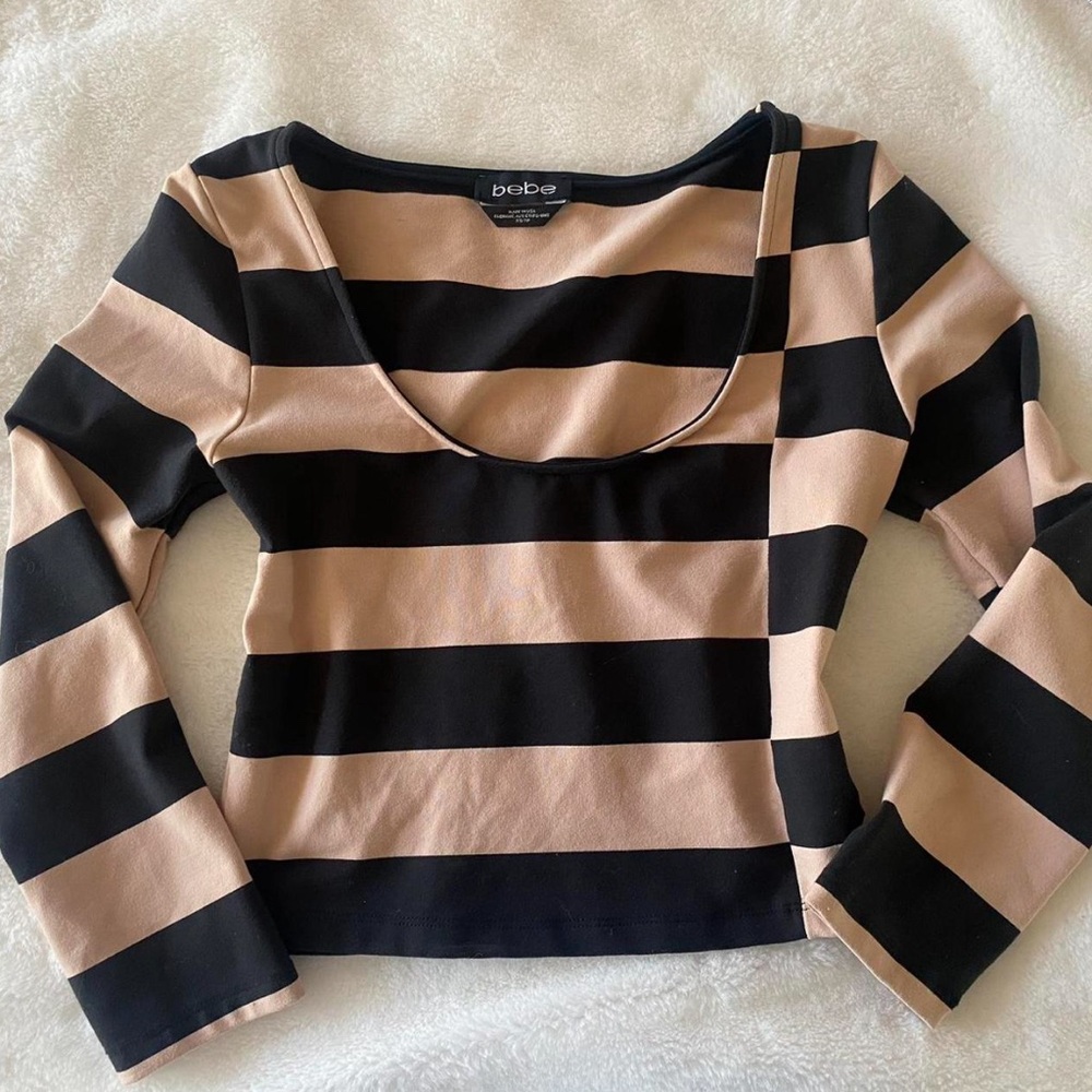 Vintage Bebe black and pink striped 3/4 long sleeve crop top XS - Picture 4 of 7